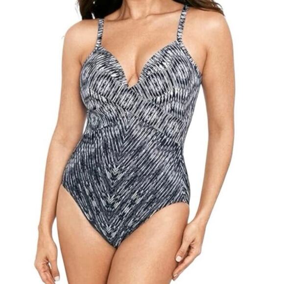 Miraclesuit Captivate One Piece Silver Shores Swim Suit Navy White Size 14 - Picture 1 of 14